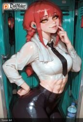 abs ai_generated bottle braid breasts can dollmaker dollmaker_(artist) earrings female finger_to_mouth long_hair looking_at_viewer necktie patreon_logo patreon_username red_hair smile solo tagme water_bottle wet wet_clothes yellow_eyes