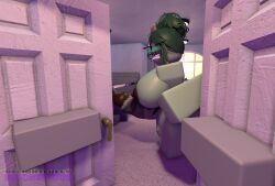 1futa 3d artist_name big_breasts breasts brown_nipples delightfullymischeivious embarrassed embarrassed_female embarrassed_nude_futa female food food_creature food_humanoid fruit fruit_humanoid futanari glasses green_cock green_hair green_hair_female green_skin hair_bun huge_cock intersex nude one_female pear penis roblox robloxian solo taller_girl walked_in_on watermark