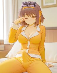 1futa 2025 ai_generated arm_support artist_name average_breasts breasts breasts breasts brown_eyes brown_hair bulge bust chest cleavage collarbone erection erection_under_clothes futanari hairband hi_res high_quality high_resolution highres indoors long_sleeves medium_breasts normal_breasts novalust one_eye_closed orange_shirt pajamas patreon patreon_username shirt short_hair sitting solo stable_diffusion suzumiya_haruhi suzumiya_haruhi_no_yuuutsu watermark
