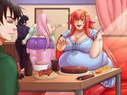1boy 3girls ass bbw belly big_belly black_hair chubby chubby_female date eating fat_fetish feast female hair_ornament hand_on_ass kurusu_kimihito lamia male meatpedal miia_(monster_musume) monster_girl monster_musume_no_iru_nichijou original original_character pink_hair ripped_clothing snake snake_girl snake_tail weight_gain weight_gain_sequence