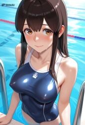ai_generated akagi_(kantai_collection) blush breasts brown_eyes brown_hair dtkai female inside kantai_collection light_smile medium_ass medium_breasts nipples see-through_clothing swimming_pool swimsuit water wet