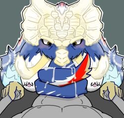 absurd_res age_difference anthro bed big_breasts blue_body blue_fur blush bodily_fluids bone_frill breast_squish breasts capcom crimsontyd cum cum_on_self cum_on_trunk duo elephantid female first_person_view frill_(anatomy) fur fur_covering_nipples furniture gammoth genital_fluids grey_body grey_skin hand_holding hi_res human ice lying male male/female mammal mammoth markings mature_anthro mature_female monster_hunter multicolored_body multicolored_fur nipples older_anthro older_female on_back on_bed pink_nipples prehistoric_species primatius proboscidean proboscis_(anatomy) red_body red_fur red_markings sex simple_background size_difference squish tan_body tan_skin trunk_(anatomy) trunk_play trunk_sex trunkjob tusks white_body white_fur white_markings yellow_eyes