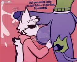 anthro ball_fondling ball_suck ball_worship balls big_balls big_penis bodily_fluids body_worship cum dialogue duo euphorica fondling genital_fluids genital_worship genitals hi_res male male/male moki_(mokimonky) nacho_(nachokokoni) oral penis sex sucking text