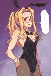 1boy animal_ears bandaid bandaids_on_nipples blonde_hair blush bulge crossdressing crossdressing_(mtf) fake_animal_ears femboy glasses hand_on_own_hip highres isurugiratone long_hair looking_at_viewer male_focus male_playboy_bunny michael_roa_valdamjong michael_roa_valdamjong_(human) pasties pectorals ponytail rabbit_ears red_eyes sweat tsukihime wide_hips