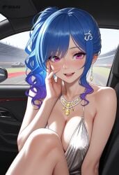 ai_generated areola areolae azur_lane bare_shoulders big_ass big_breasts blue_hair car car_seat dtkai hand_on_own_face inside jewelry large_ass large_breasts parted_lips pink_eyes purple_hair racetrack smile st._louis_(azur_lane) st._louis_(luxurious_wheels)_(azur_lane)