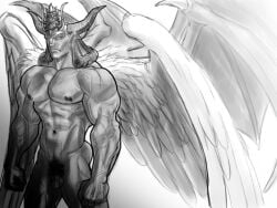 1boy 2009 ass balls bara character_request flaccid gay god_sider kossori_ekaki_gareo male male_only monochrome muscles muscular nipples penis pubic_hair solo veiny_muscles wings yaoi