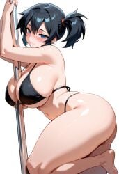 :3 ai_generated alternate_breast_size ass back bangs bare_arms bare_legs bare_shoulders barefoot bikini bikini_bottom black_hair blue_bikini blue_swimsuit blush breasts clavicle cleavage closed_mouth clothing curvaceous feet female female_only from_behind green_eyes hair_ornament holding huge_ass huge_breasts kasumi_(pokemon) kneeling large_breasts legs looking_at_viewer looking_back micro_bikini misty_(the_electric_tale_of_pikachu) navel pokemon pole pole_dancing ponytail shiny_skin short_hair side-tie_bikini_bottom side-tie_clothing side-tie_swimsuit side_ponytail sideboob sitting skindentation smile solo stomach string_bikini stripper stripper_pole sweat swimsuit thick_thighs thighs underboob wide_hips