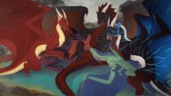 3_toes 4_toes claws closed_eyes digital_drawing_(artwork) digital_media_(artwork) dragon dragon_wings edragar erection european_mythology feet female female_penetrated feral from_front_position genitals group group_sex hi_res hindpaw horn hot_spring kalinda_(dark_dragon2694) knot licking listria_(listria-dragoness) lying male male/female male_penetrating male_penetrating_female membrane_(anatomy) membranous_wings mythological_creature mythological_scalie mythology on_back open_mouth oral pawpads paws penetration penile penile_penetration penis penis_lick red_body red_scales scales scalie sex smile spread_legs spread_toes spreading syranoth_emberscale tail thyres toe_claws toes tongue vaginal_penetration vaginal_penetration veoros water western_dragon wings