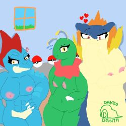 3girls body_search chubby chubby_female crocodile dakkodanth dinosaur dinosaur_girl female feraligatr furry game_freak generation_2_pokemon humanoid initials meganium muscles muscular muscular_female pokémon_(species) pokeball pokemon pokemon_(species) sexy sexy_body sexy_pose standing standing_sex tomboy typhlosion