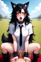 ai_generated black_hair black_lipstick boots collar cowgirl_position cum_in_pussy goth maxine_monkshood necktie white_shirt wolf_girl yellow_eyes