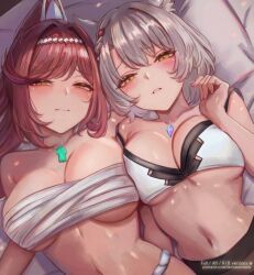 2girls bandages bare_shoulders blush bra breast_size_difference breasts cat_ears cat_girl catgirl core_crystal female glimmer_(xenoblade) gold_eyes grey_hair highres japanese_clothes leonmandala long_hair mio_(xenoblade) multiple_females multiple_girls navel ponytail red_hair sarashi siblings silf silfs sisters stomach sweat thighs xenoblade_(series) xenoblade_chronicles_3