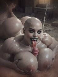 1ambiguous 1girls ai_generated ambiguous_gender ass bald breasts claws cum_between_breasts cum_outside ejaculation ejaculation_between_breasts eyeshadow faceless_ambiguous fangs green_eyes green_lipstick green_nail_polish grey-skinned_female huge_breasts lactation large_ass light-skinned lipstick monster_girl muscular_female oc oiled oiled_body oiled_skin original_character paizuri penis ruins titfuck titjob tongue_out