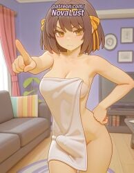 1futa 2025 ai_generated artist_name bangs breasts breasts breasts brown_hair bust chest closed_mouth collarbone curtains eyebrows_visible_through_hair futanari hand_on_hip hi_res high_quality high_resolution highres indoors looking_at_viewer novalust nude patreon patreon_username pointing pointing_at_viewer short_hair solo stable_diffusion standing suzumiya_haruhi suzumiya_haruhi_no_yuuutsu towel watermark yellow_ribbon