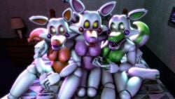 3d 4k animatronic anthro bedroom bedroom_eyes black_eyes disboi215 female_only five_nights_at_freddy's five_nights_at_freddy's:_sister_location five_nights_at_freddy's_2 five_nights_at_freddy's_4 five_nights_at_freddy's_world fnaf fnaf_world fox fox_ears fox_girl fox_tail furry glowing_eyes green_body green_nipples highres lolbit_(fnaf) looking_at_viewer mangle_(fnaf) naked naked_female orange_body orange_nipples pink_body pink_nipples purple_body purple_cheeks red_body red_cheeks robot rosy_cheeks sfm shiny_body source_filmmaker tangle_(fnaf) trio trio_female victoria_(fnaf) white_body white_eyes yellow_eyes yuri yuri
