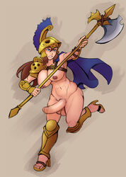 1futa abs armor casual_boner casual_nudity dickgirl futa_only futanari halberd high_heels intersex markydaysaid nipples open_toe_shoes solo spear weapon