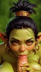 ai_generated ai_video animated black_hair blowjob crown cum cum_in_mouth dark_green_nipples deepthroat earrings fellatio forest_background goblin goblin_female gonba_(character) green_skin huge_breasts moan moaning mp4 nipples pointy_ears pov short_hair shortstack sir_gallaton sound sound_effects sperm sucking sucking_penis video