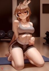1girls 2d ai_generated ass barefeet big_ass breasts brown_hair erophoenix feet female female_focus full_body gym hairclip hololive hololive_english hololive_english_-council- hololive_english_-promise- indoors looking_at_viewer medium_breasts nanashi_mumei navel patreon_username short_shorts shorts solo solo_female sports_bra sweat thick thick_thighs toes uncensored virtual_youtuber vtuber