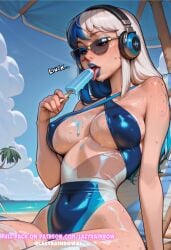 absurd_res ai_art ai_generated beach caption heterochromia hi_res highres lazyrainbow leotard luna_snow luna_snow_(marvel_rivals) marvel marvel_comics marvel_rivals navel patreon patreon_url patreon_username popsicle popsicle_in_mouth sadtomato sexy sexy_body sexy_pose sideboob thighhighs underboob
