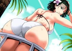 ass bare_shoulders bikini blue_sky bob_cut breasts cloud colorized daraz female female_focus flower from_below fubuki_(one-punch_man) green_eyes green_hair hair_flower hair_ornament halterneck huge_ass large_breasts looking_at_viewer looking_back matching_hair/eyes one-punch_man outdoors sky solo swimsuit tree white_bikini