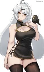 1girls absurdres alternate_costume arm_at_side bird black_dress breasts china_dress chinese_clothes cleavage closed_mouth clothing_cutout commentary cowboy_shot dress female hand_up highres hioyami large_breasts long_hair looking_at_viewer mole mole_on_breast paid_reward_available panties see-through_clothes see-through_panties simple_background solo thighhighs underwear white_background white_hair white_thighhighs yellow_eyes yixuan_(zenless_zone_zero) zenless_zone_zero