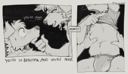 2_panel_comic air_puff anthro blush bulge canid canine canis clothed clothing clothing_lift dialogue domestic_dog duo genitals hi_res jockstrap littlearrowdog male male/male mammal navel outline penis shirt shirt_lift topwear underwear undressing wide_eyed