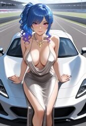 ai_generated areola areolae azur_lane bare_shoulders big_ass big_breasts blue_hair car day dress dtkai jewelry large_ass large_breasts leaning_on_object looking_at_viewer open_dress outside pink_eyes porsche purple_hair seductive_smile smile st._louis_(azur_lane) st._louis_(luxurious_wheels)_(azur_lane)
