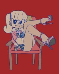 background chair edit heels high_heels legs looking_at_viewer shu_(underfity) sitting smile twintails underfity white_hair