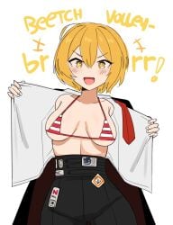 :d breasts confident don_quixote_(limbus_company) female large_breasts limbus_company open_shirt presenting project_moon request sagging_breasts sparkling_eyes striped_bikini symbol-shaped_pupils
