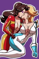 2girls blonde_hair bodysuit breasts brown_hair cleavage closed_eyes closed_eyes earrings eye_shadow female female_only hoop_earrings kissing large_breasts long_hair mario_(series) mario_kart mario_kart_world nintendo no_bra pauline pauline_(aero) princess_rosalina princess_rosalina_(aero) purple_background robveemo simple_background unzipped unzipped_bodysuit yuri
