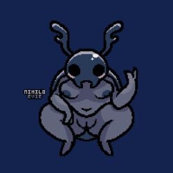 1:1 anthro areola arthropod beetle black_eyes blue_body breasts bretta_(hollow_knight) dark_areola digital_media_(artwork) empty_eyes exoskeleton female genitals grey_body hollow_knight insects nihiloevie pixel_(artwork) presenting pussy simple_background solo team_cherry vaginal_penetration vulva