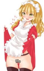 apron bar_censor black_legwear blonde_hair blush dress dress_lift enmaided female kirisame_marisa long_hair maid maid_headdress no_panties open_mouth puffy_sleeves smile solo thighhighs yellow_eyes