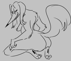 2025 anonymous_artist anthro anthrofied ass breasts canid canine canis claws domestic_dog female fixed_(film) grey_background half-closed_eyes hi_res honey_(fixed) hunting_dog looking_at_viewer looking_back mammal monochrome narrowed_eyes netflix nipples nude pawpads rear_view saluki sighthound simple_background smile smiling_at_viewer solo unknown_artist