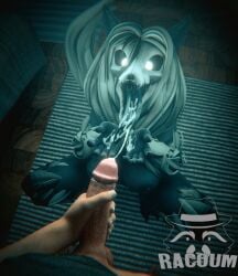 anthro begging bodily_fluids breasts crouching cum cum_on_hand cum_on_tongue duo female female_on_human genital_fluids genitals hi_res human human_on_anthro humanoid_genitalia humanoid_penis interspecies mal0 male male/female mammal on_ground penis racoum scp-1471-a scp-1471-a_(cumminham) scp_foundation tongue tongue_out