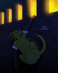 anthro building climbing elbow_gloves female fingerless_gloves gloves green_skin humanoid karma_(walkingdeadmann) large_ass lizard lizard_girl scales tail text walkingdeadmann wall