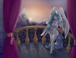 10s 2018 5_fingers 5_toes absurd_res alicorn anthro areola ass balcony barefoot bedroom_eyes big_breasts breasts castle drapes equine erect_nipples eyebrows eyelashes feathered_wings feathers female friendship_is_magic full-length_portrait grin hair half-closed_eyes hand_on_hip hi_res horn long_hair looking_at_viewer mammal mountain multicolored_hair my_little_pony navel nipples nude outside portrait pose princess_celestia_(mlp) pubes purple_eyes pussy railing rainbow_hair seductive shadow signature skuttz sky smile solo standing sun teeth thick_thighs toes white_feathers wings