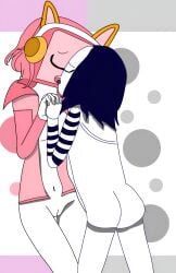 animal_ears ass black_hair breasts breasts_out cartoonish cartoonish_(incredibox_mod) closed_eyes fangs female french_kiss half-dressed half_naked headphones highres holding_hands incredibox_mod jacket kissing mask nude penny_(cartoonish) pink_hair shirt_lift shirt_up traced tv_head tvgaming white_skin