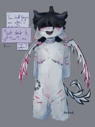 andromorph anthro blindfold blood blood_from_wound bodily_fluids bovid caprine collar collar_only dialogue ear_piercing ear_ring forsaken_(roblox) fur genitals goat grey_body grey_fur hi_res intersex mammal mastectomy_scar noxshark nude piercing presenting ring_piercing scar self-harm self-harm_scars solo sweat tail tail_motion tailwag tattoo vulva wings wounded
