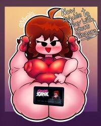 1female 1girls 2d 2d_(artwork) 2d_artwork ass big_ass big_breasts blush blush blushing_at_viewer blushing_female breasts brown_hair brown_hair brunette_hair girlfriend_(friday_night_funkin) huge_breasts legs legs_over_head legs_spread legs_up light-skinned_female light_skin looking_at_viewer nipple_bulge phone phone_screen red_dress red_shoes simple_background simple_eyes talking talking_to_viewer text thick_thighs thighs twitter_username vhrox2