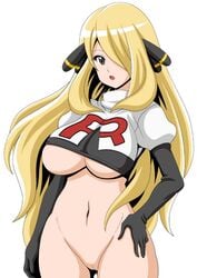 1girls belly big_breasts blonde_hair bottomless breasts cleavage colored cosplay cynthia_(pokemon) elbow_gloves enemy_conversion eyelashes female female_only gloves grey_eyes hair_ornament hair_over_one_eye human jessie_(pokemon)_(cosplay) koutarosu large_breasts long_hair looking_at_viewer mostly_nude mound_of_venus navel nintendo open_mouth pokemon pokemon_dppt pokemon_rgby pussy revealing_clothes shaved_pussy shirt solo standing tank_top team_rocket team_rocket_(cosplay) team_rocket_uniform text thigh_gap uncensored underboob white_background