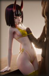 1boy 1girls 3d belly_button bikini breasts cum cum_in_mouth cum_on_breasts cum_on_face cum_on_hair cum_on_tongue dark-skinned_male dark_skin dkclaude3d fate/grand_order fate_(series) female gold_bikini golden_week height_difference horns light-skinned_female light_skin male medium_breasts monster_girl naizuri oni oni_female oni_horns paizuri penis purple_eyes purple_hair shuten_douji_(fate) size_difference swimsuit tongue tongue_out