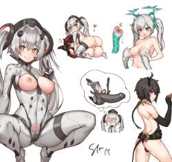 1boy 2girls 3girls absurdres bare_shoulders black_hair bodysuit breast_cutout breast_press breast_sucking breasts changyu_(pgr) character_request dildo green_eyes grey_hair halo highres long_hair looking_at_viewer lucia:_dawn_(pgr) lucia_(pgr) medium_breast medium_breasts multiple_girls multiple_views nipple_stimulation pink_hair punishing:_gray_raven red_eyes sex_toy spread_legs squatting stmast symmetrical_docking trap twintails very_long_hair yellow_eyes