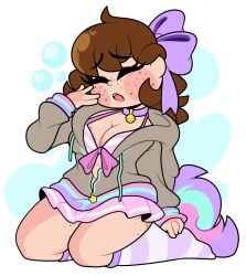 befish befishproductions belly_button blush bow bra breasts brown_hair choker chubby chubby_female cleavage closed_eyes freckles kneehighs on_knees open_mouth short_hair skirt striped_bra striped_legwear tail thick_thighs twitch unzipped_hoodie yawn yawning youtube