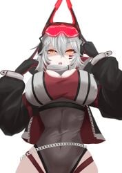 absurdres black_gloves black_jacket black_leotard breasts cleavage covered_navel crop_top cropped_jacket female gloves highres indie_virtual_youtuber jacket large_breasts leotard looking_at_viewer nobody_(nobo) open_mouth red_gloves shirt shrug_(clothing) solo twitch twitch.tv twitter two-sided_gloves virtual_youtuber vtuber white_hair white_shirt yellow_eyes youtube zentreya zentreya_(cyborg) zentreya_(cyborg)_(zen_2.0)