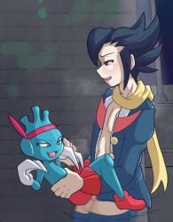 1boy ambiguous_penetration bandana black_hair carrying carrying_position claws fusion grimsley human_on_pokemon male motion_blur motion_lines muffinshouse open_mouth open_shirt pokemon pokemon_(species) pokemon_bw pokemon_fusion pokemon_infinite_fusion pokephilia scarf sneasel tyrogue yuki_is_camping