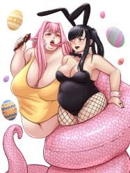2girls bbw belly bunny_ears bunny_suit bunnysuit chubby chubby_female easter easter_egg fishnets lamia long_tongue meatpedal monster_girl original original_character snake snake_girl snake_tail snake_tongue tongue yuri yuri