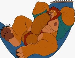 abs absurd_res anthro ball_tuft balls biceps big_balls big_muscles big_penis bodily_fluids brown_eyes chest_tuft claws clothed clothing digitigrade disney erection feet felid feline foreskin fur genital_fluids genitals hammock hands_behind_head hi_res huge_balls huge_cock huge_muscles humanoid_genitalia humanoid_penis licking lion looking_at_viewer lying male mammal mane mufasa mufasa:_the_lion_king muscular muscular_anthro muscular_male nipples nude open_clothing open_shirt open_topwear oral pantherine pawpads paws pecs penile penis penis_lick precum pubes relaxing self_lick sex shirt simple_background solo surprised_expression the_lion_king toes tongue tongue_out topwear tuft vein xyandrith yellow_sclera