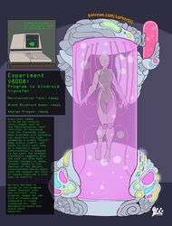 1girls amalee android artificial_intelligence computer lurkergg milf-shake pink_skin robot robot_girl solo tank_(container) text transformation vat