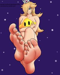 blonde_hair blue_eyes feet foot_fetish foot_focus light_blue_nails looking_down luma mario_(series) nail_polish naked naughty_face nintendo painted_nails presenting_feet princess_rosalina renoahemiru smile soles super_mario_galaxy toenail_polish toes