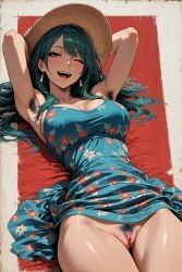 1girls ;d adult ai_generated armpit_hair armpits bangs black_eyeliner blue_eyes blue_eyes_female blush blushing_at_viewer blushing_female breasts clitoral_hood clitoris dark_hair dark_hair_female dress dress_lift ear_piercing earrings edited_ai eyelashes female female_armpit_hair female_only female_pubic_hair floral_print hairy_armpits hairy_crotch hairy_female hairy_pussy hands_behind_head hat headwear jewelry labia large_breasts long_hair long_hair_female looking_at_viewer lying lying_on_back no_bra no_bra_under_clothes no_panties one_eye_closed one_eye_open open_mouth original partially_clothed partially_clothed_female pastalord pubes pubes_exposed pubic_hair pussy pussy_hair relaxing shiny_skin showing_armpits showing_pussy solo solo_female stable_diffusion summer_hat teeth thick_thighs thighs tongue trimmed_pubic_hair winking winking_at_viewer