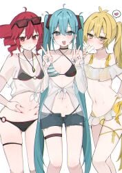 3girls akita_neru bikini blush flat_chest hatsune_miku hatsune_miku_(collared_bikini) heart-shaped_pupils jean_shorts kasane_teto looking_at_viewer skinny small_breasts sweat swimsuit thighs transparent_clothing vocaloid waimoniku